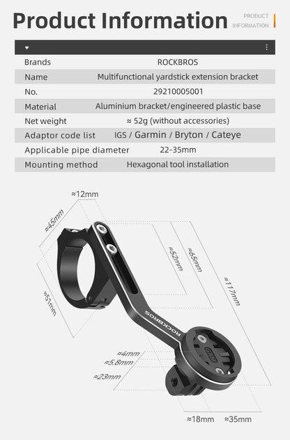 ROCKBROS Bicycle Yardstick Bracket, Adjustable Headlight Extension Holder, Bike Sports Camera Gopro Stands